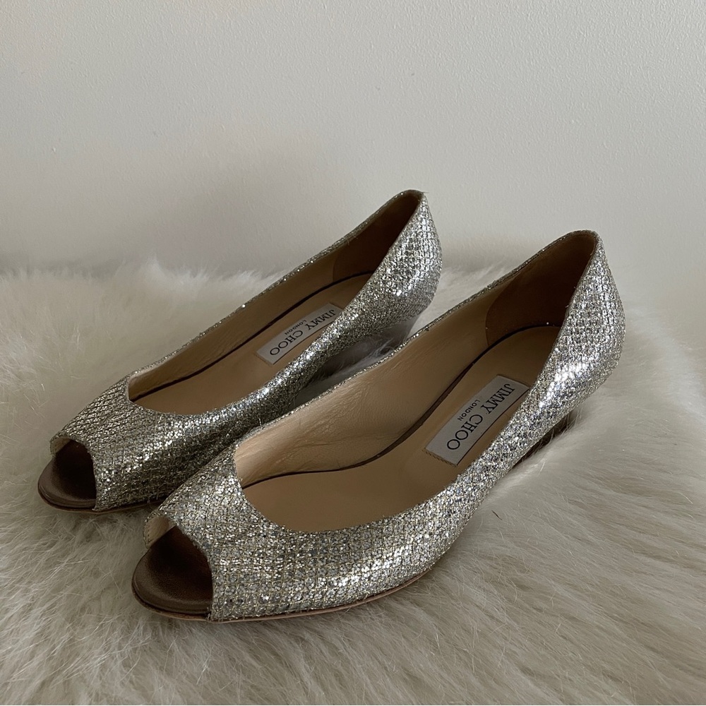 Jimmy Choo Silver Glitter Baxen Wedge Pumps Size 39.5
